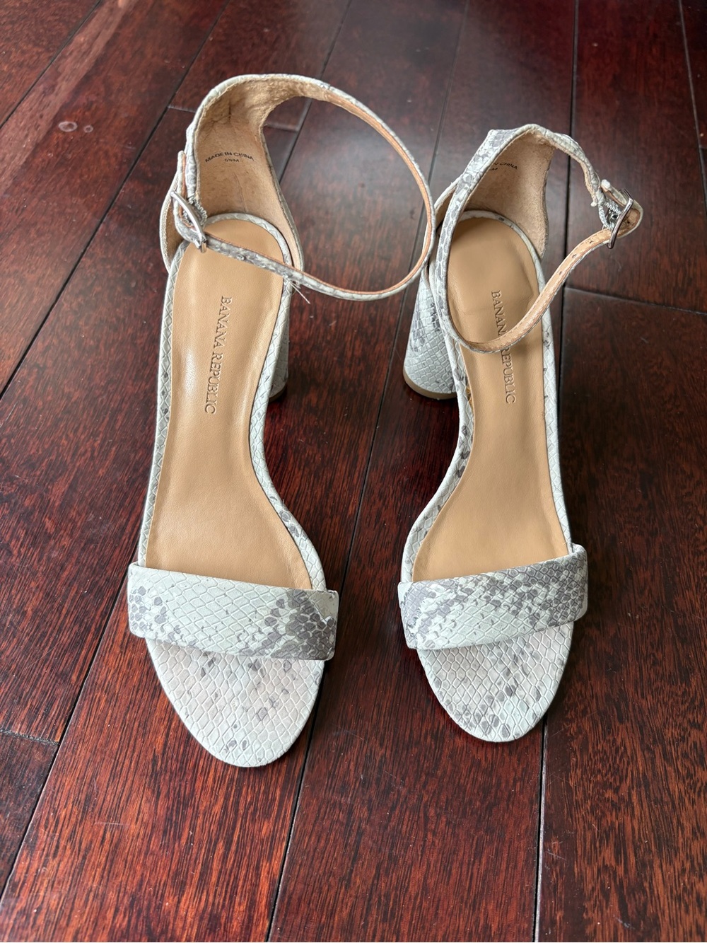 Banana Republic Snake-Print Ankle-Strap Block Heels in Light Gray